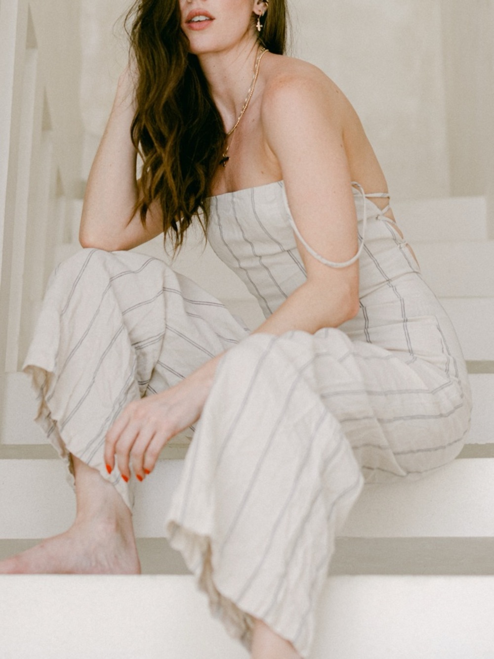 Reformation Jager Linen Striped Jumpsuit Cream